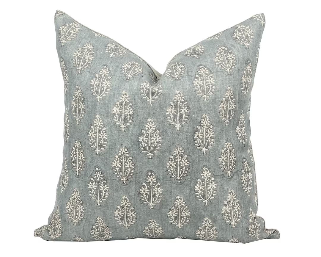 ARDEN Designer Blue Grey Linen Pillow Cover, Block Print Pillow, Farmhouse Pillow, Blue Grey Pill... | Etsy (US)