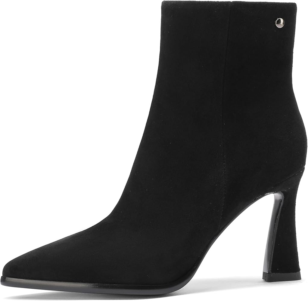 Womens Pointed Leather Thick High Heels 8.5cm/3.3in Rivet Ankle Boots Fashion Retro Party Boots | Amazon (US)