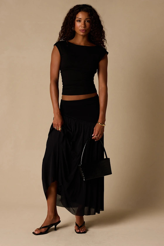 Olene Black Mixed Media Asymmetrical Maxi Skirt | Lulus