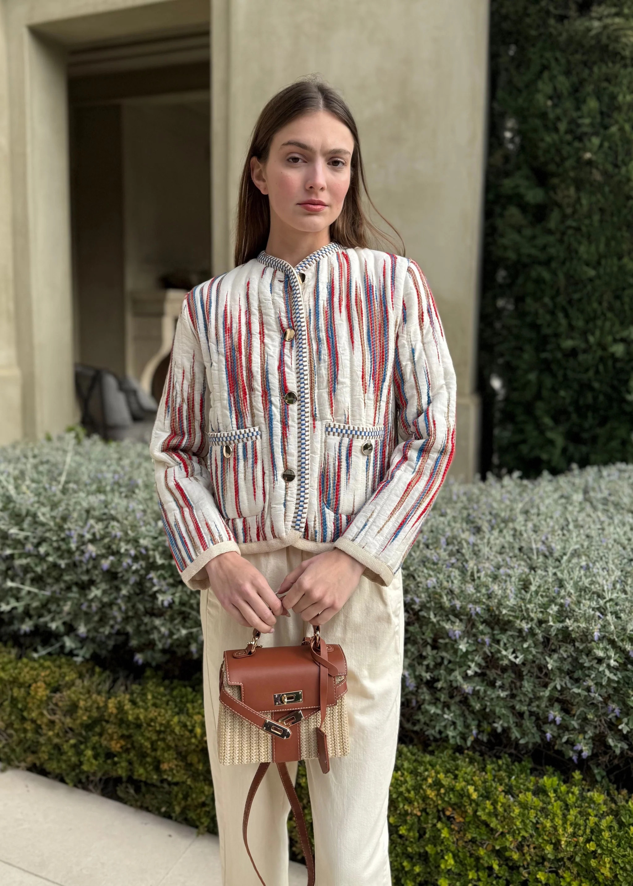 Harietta Quilted Cream Jacket with Red and Blue Accents | Benaar La