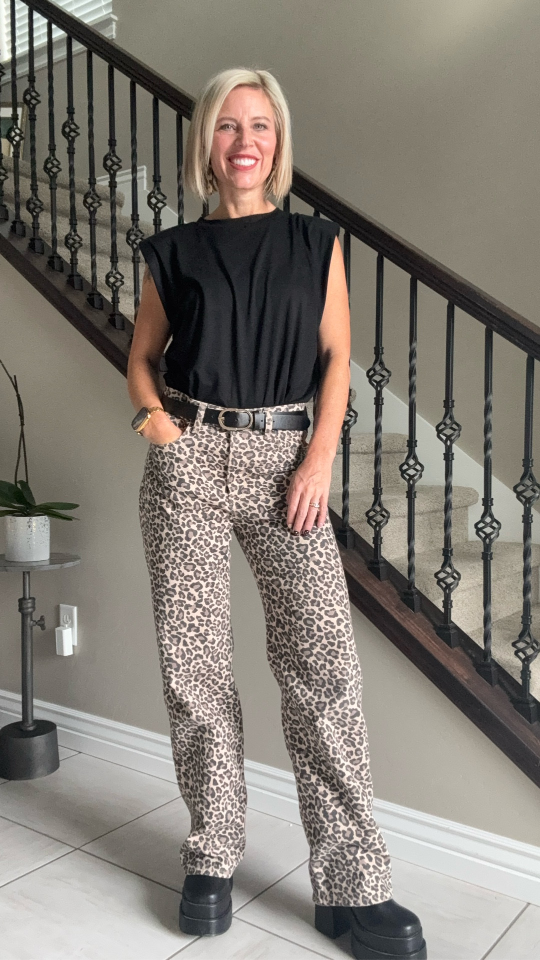 Edgy meets chic ✨ Wearing a structured black shoulder-pad top (Amazon find 🙌), paired with Abercrombie leopard print pants for a bold pop, and finished with platform boots from Steve Madden. A whole vibe. 🖤🐆👢 

#LTKSeasonal