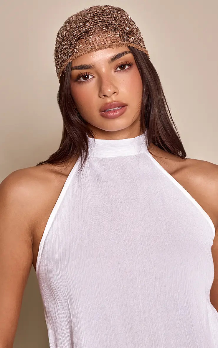 Chocolate Sequin Crochet Beanie | PrettyLittleThing UK