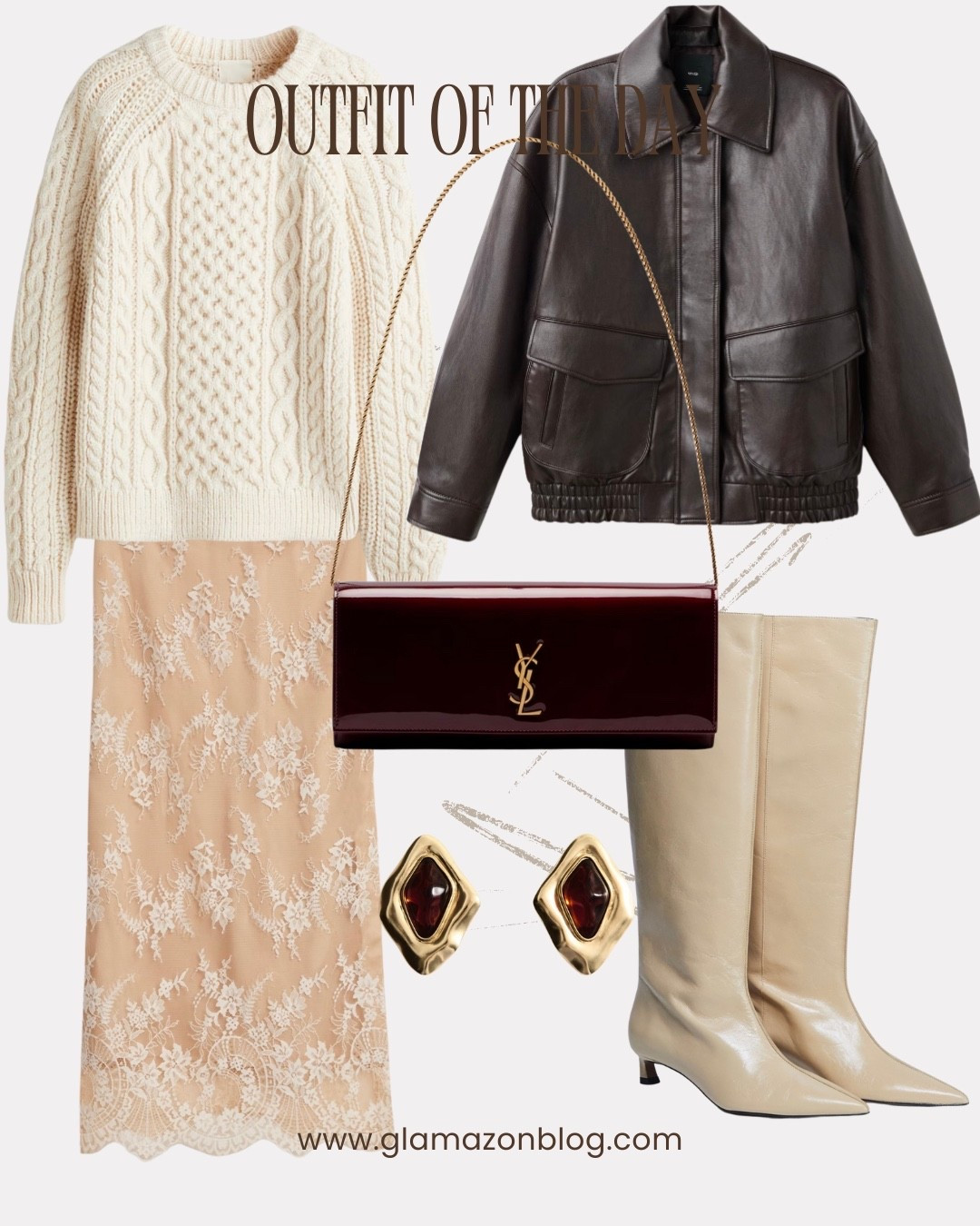 Chic outfit, cream slip skirt, cream lace skirt, ysl bag, patent bag, oversized earrings, brown bomber, mango jacket 

#LTKwinter #LTKuk #LTKfestive