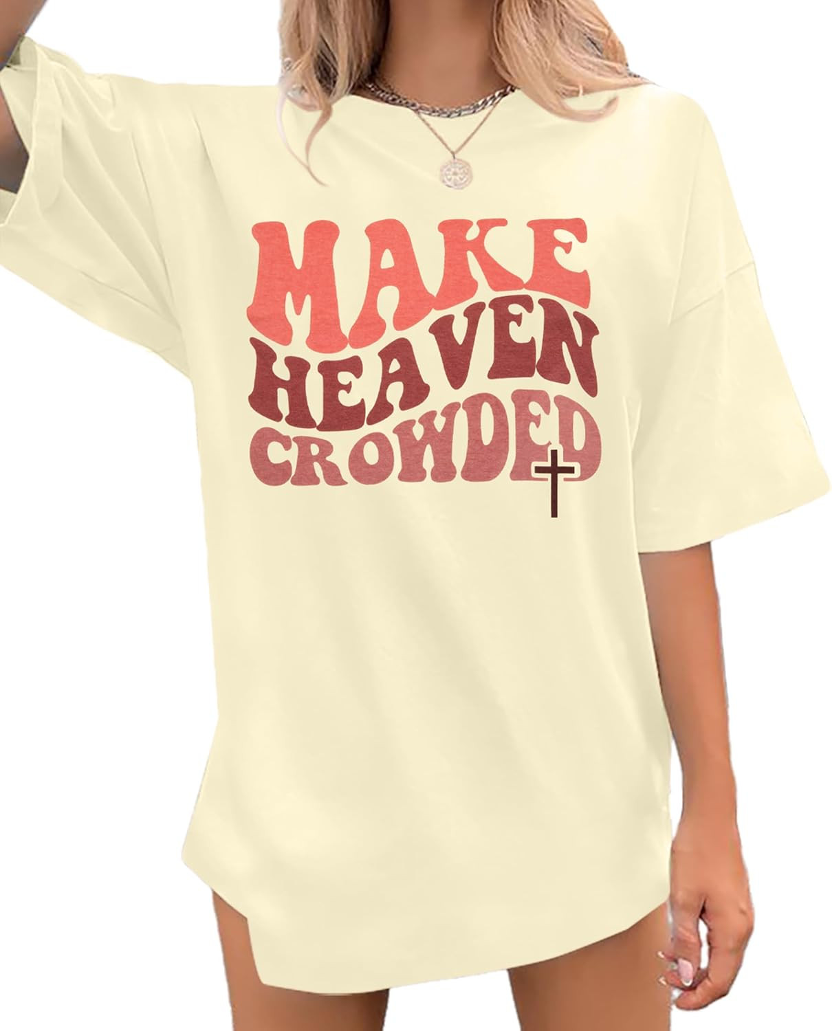Make Heaven Crowded T-Shirt Women Oversized Christian Shirt Graphic Tee | Amazon (US)