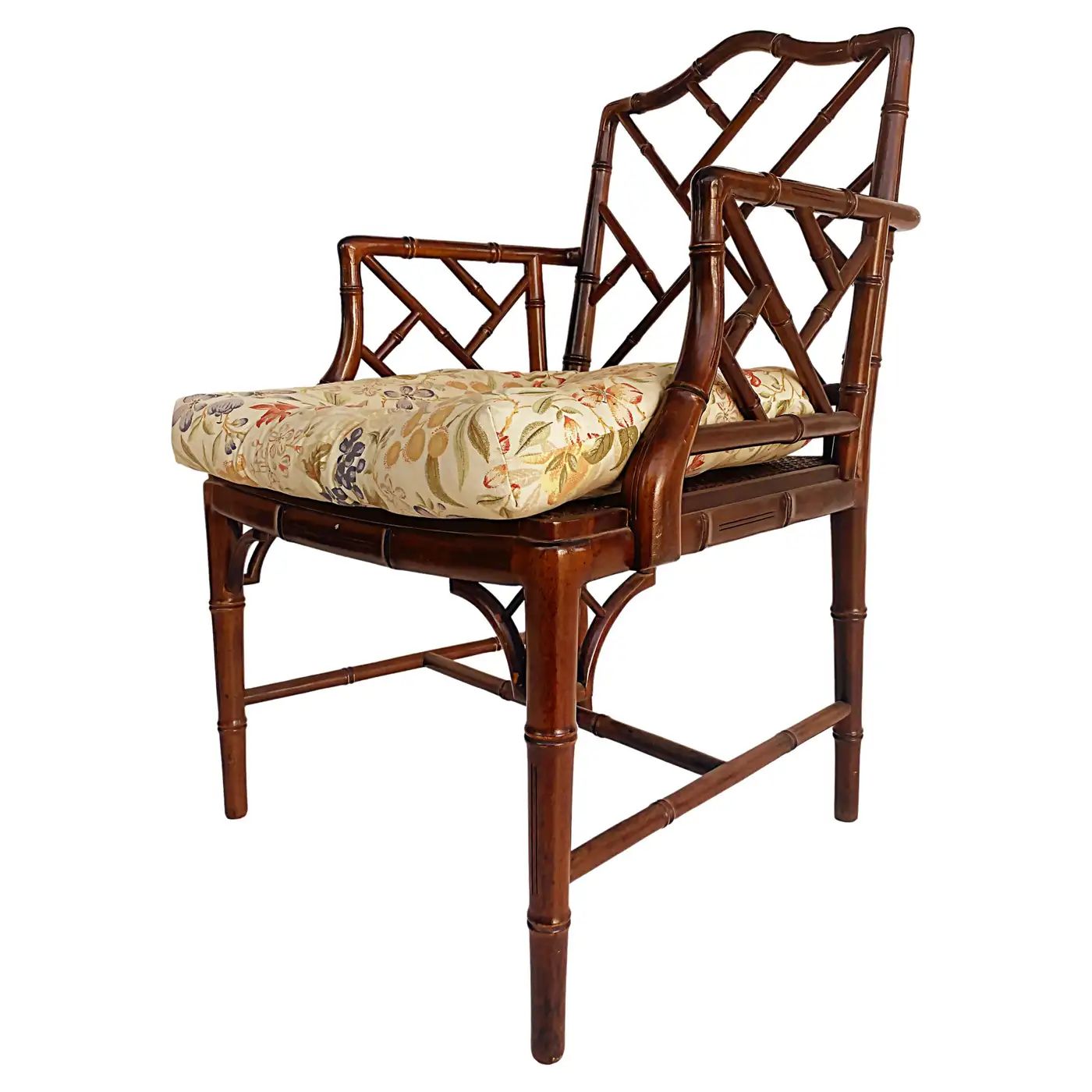 Chinese Chippendale Style Faux Bamboo Armchair, Caned Seat, Loose Seat Cushion | 1stDibs