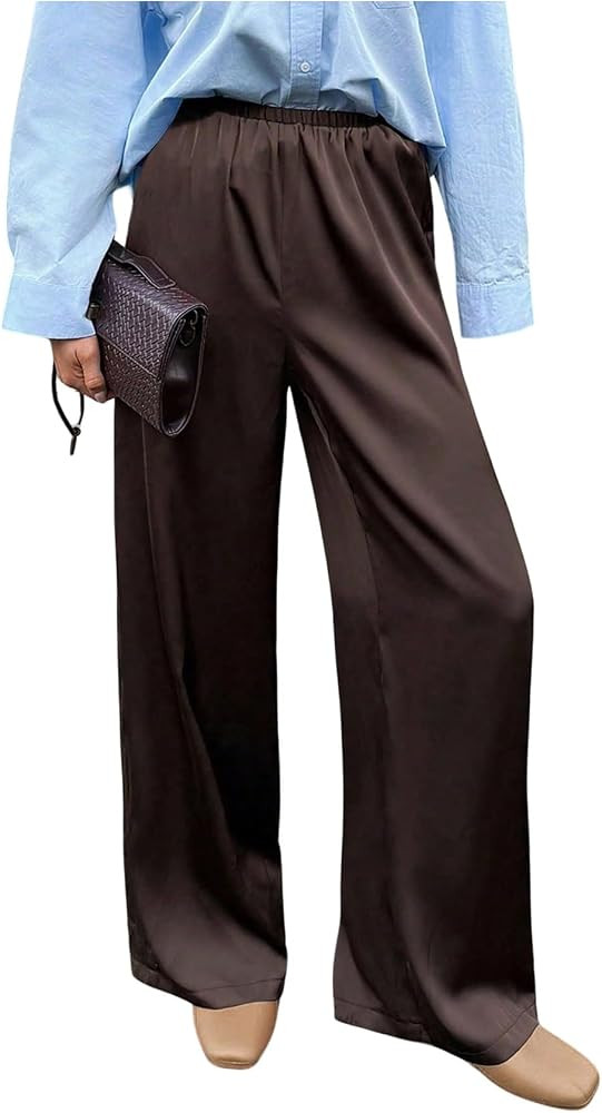GORGLITTER Satin Wide Leg Trousers for Women UK Elastic High Waisted Soft Drape Palazzo Pants Cas... | Amazon (UK)
