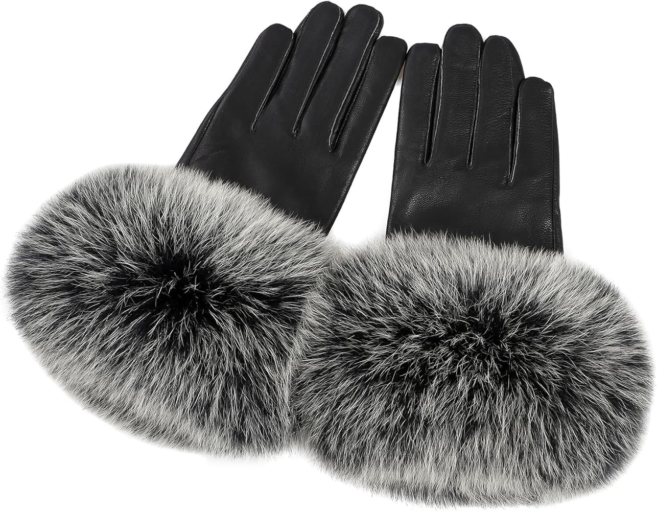 Women Genuine Lambskin Leather Gloves With Real Fox Fur Trim Cuff Winter Warm Driving Gloves-Velv... | Amazon (US)