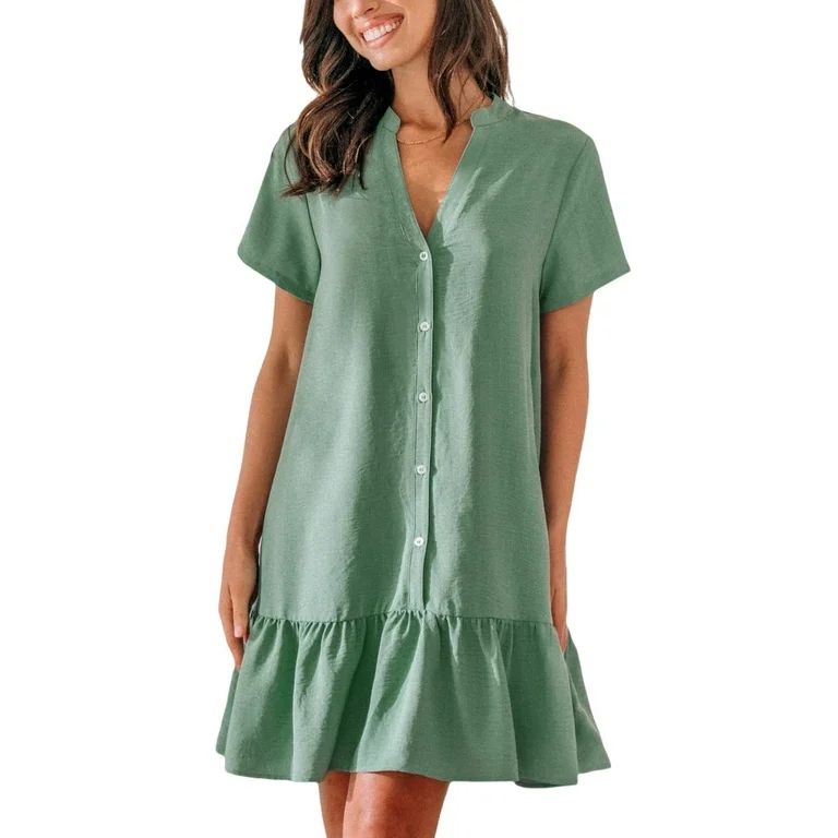 CUPSHE Women's V Neck Button Short Sleeve Flounce Cotton Beach Summer Mini Cover Up Dress - Walma... | Walmart (US)