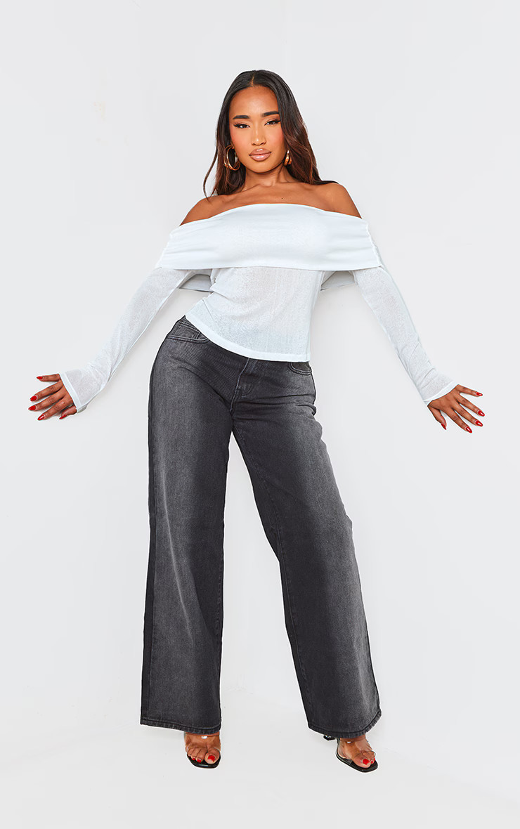 Shape White Mesh Foldover Bardot Long Sleeve Top | PrettyLittleThing US