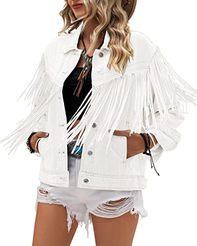 Vetinee Y2K Clothes Fringe Jacket Women Women Jackets White Fringe Jacket Tassel Jacket for Women Country Music Concert Outfit Brilliant White Fit Size Small S Size 4 Size 6 | Amazon (US)