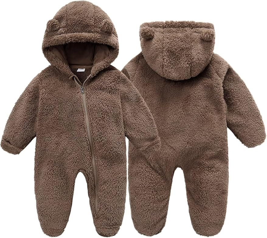 Baby Fluffy Onesies Infant Fleece Jumpsuits Cute Bear Hooded One Piece Outfit Newborn Snowsuit Fo... | Amazon (US)