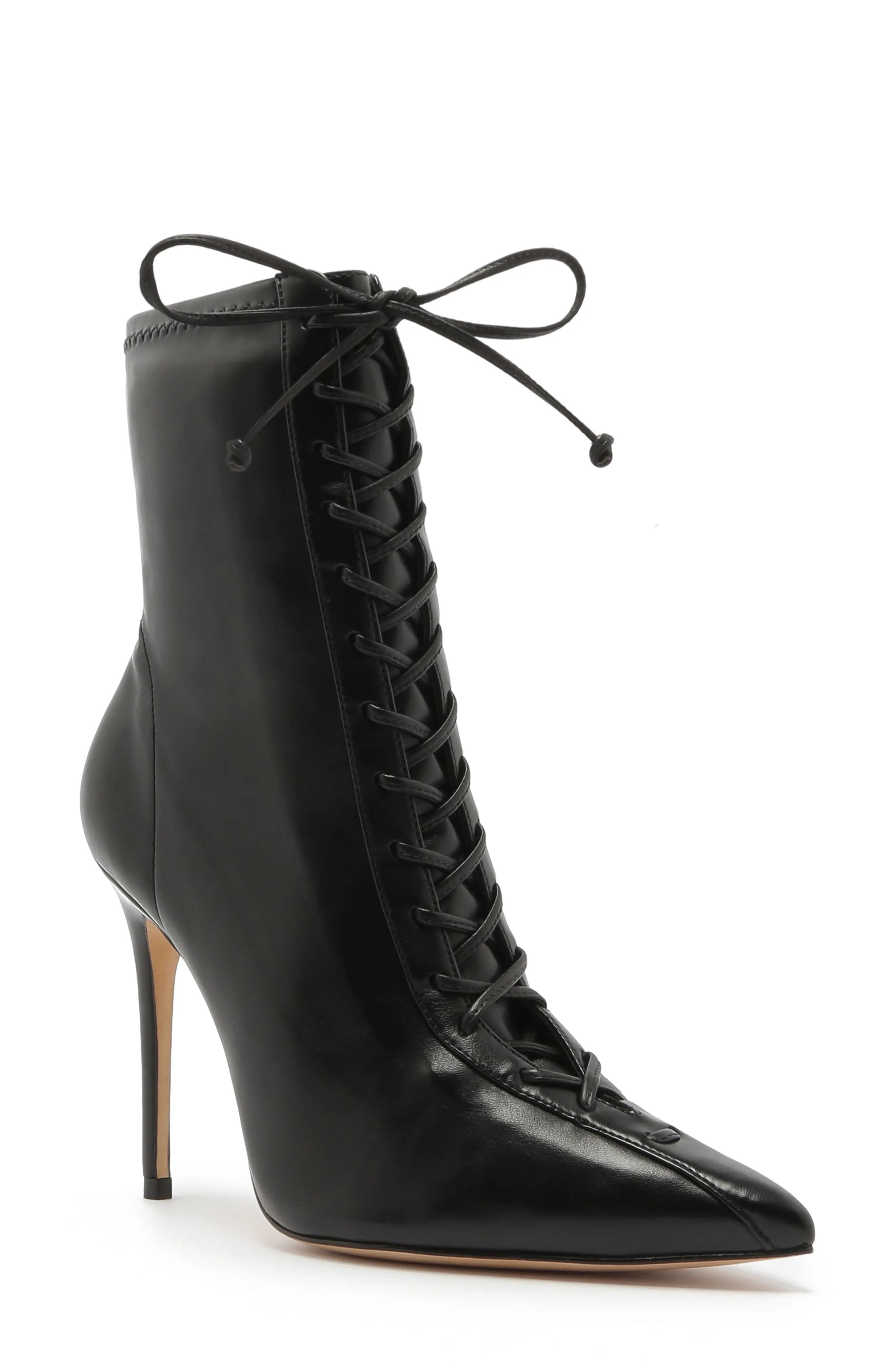 Schutz Tennie Pointed Toe Lace-Up Boot, Size 5 in Black Leather at Nordstrom | Nordstrom
