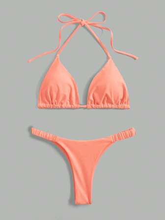 Solid Triangle Halter Bikini Swimsuit | SHEIN