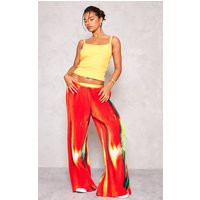 Yellow Sunset Print Plisse High Waisted Wide Leg Trousers, Yellow | PrettyLittleThing UK