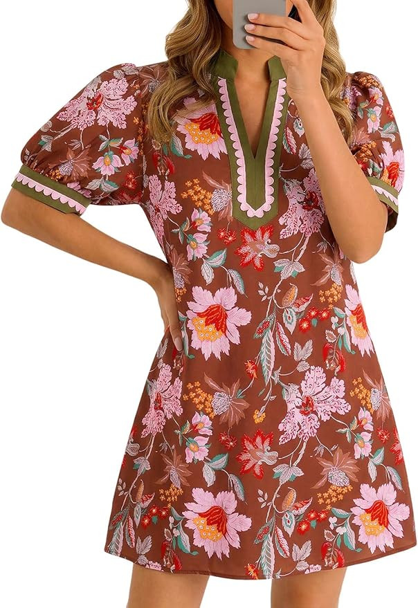 Wenrine Womens Summer Mini Dress Casual Floral Boho Dresses Beach Sundress | Amazon (US)