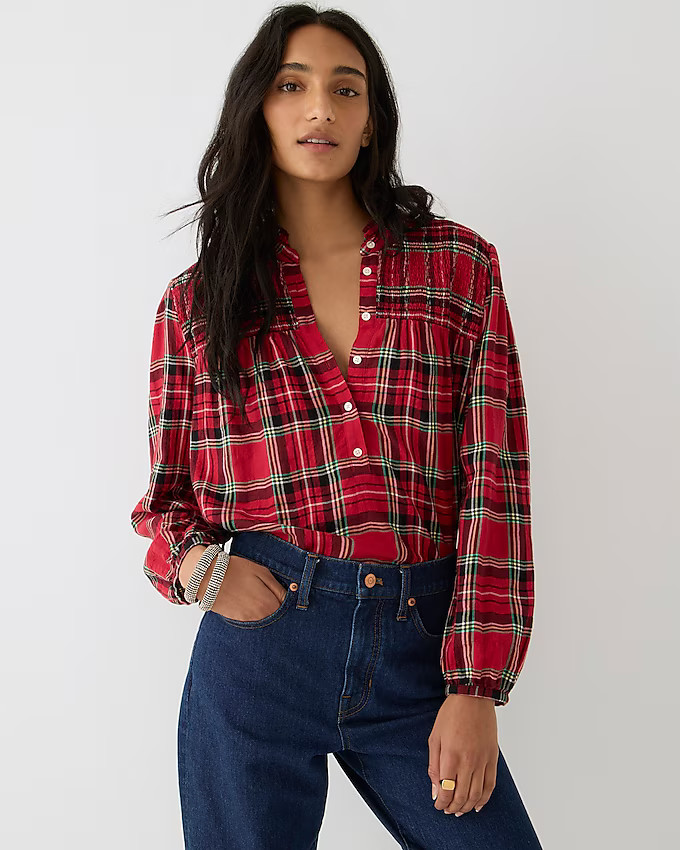 Ruffleneck cotton-blend flannel popover in Good Tidings plaid | J. Crew US