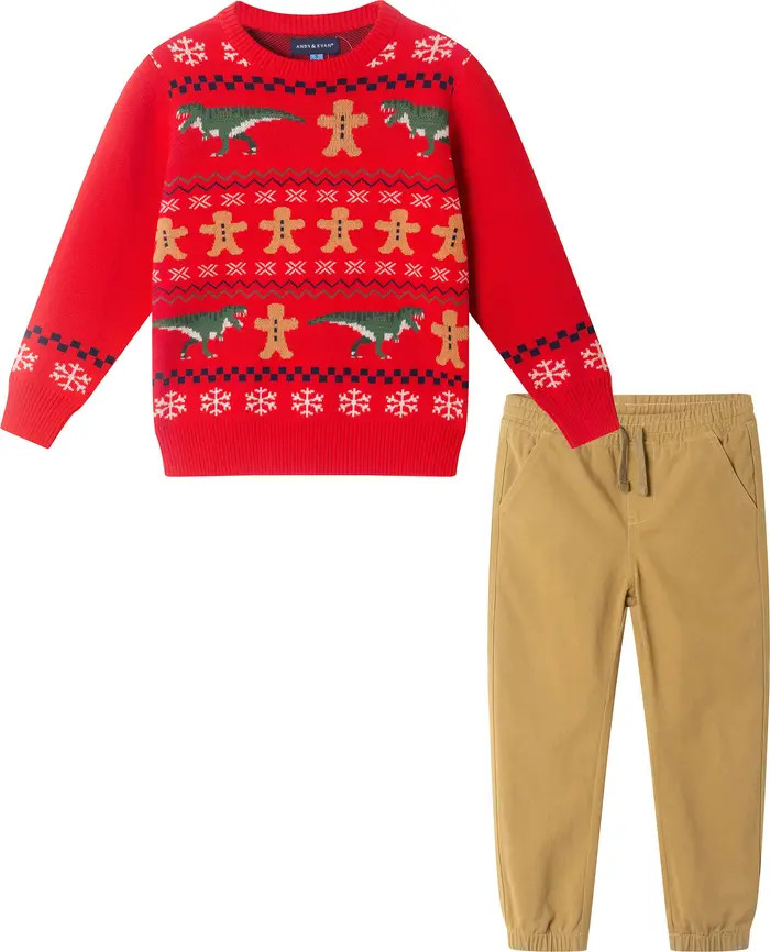 Kids Dino Fair Isle Cotton Crewneck Sweater & Twill Joggers Set | Nordstrom