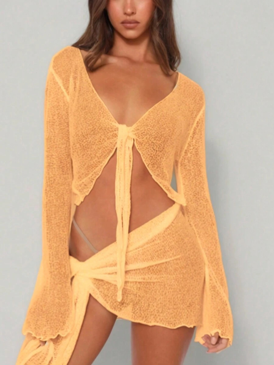 1set Fashionable And Sexy Women's Knot Waist Long Sleeve Cover Up Top And Cover Up Skirt Set | SHEIN