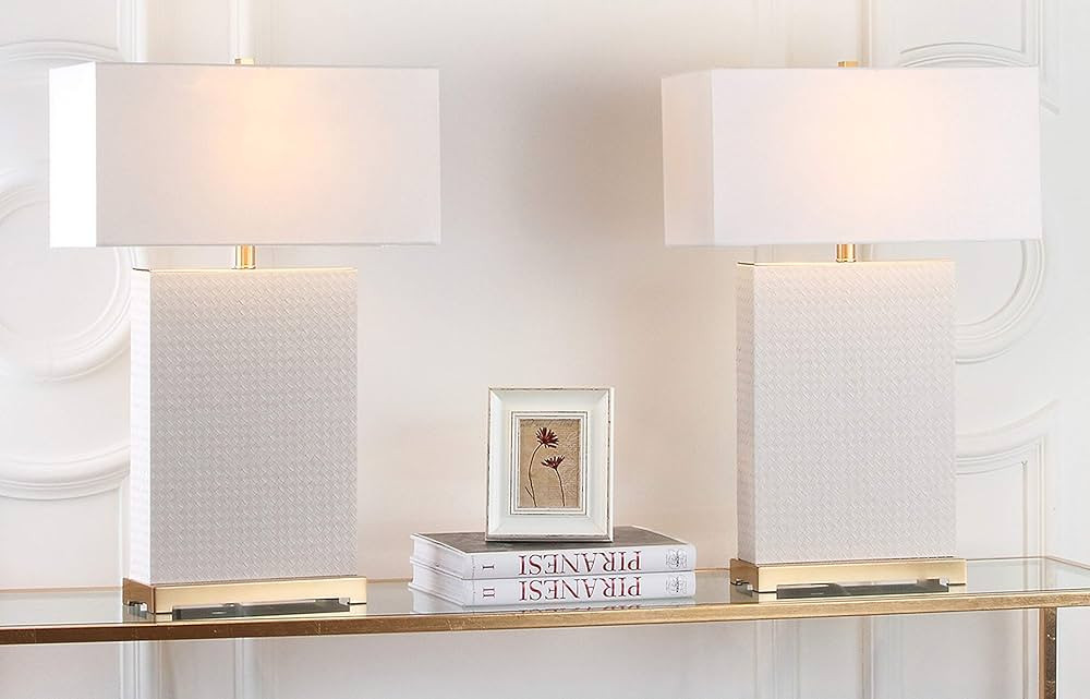 SAFAVIEH Lighting Collection Joyce Modern Art Deco Cream Faux Woven Leather Rectangle Shade 28-in... | Amazon (US)