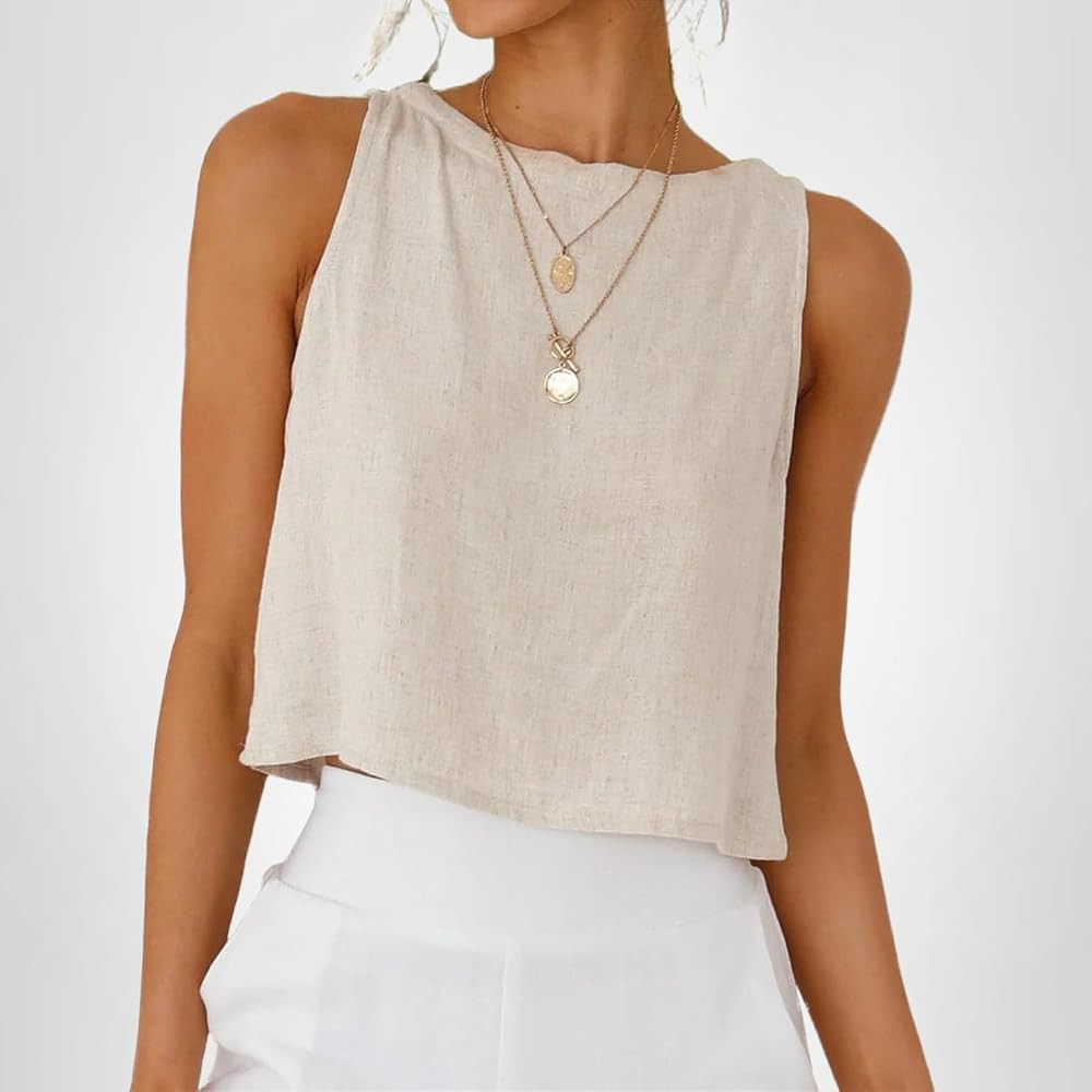 IDEALSANXUN Womens Linen Crop Tank Tops 2026 Spring Summer Beach Sleeveless Tops | Amazon (US)