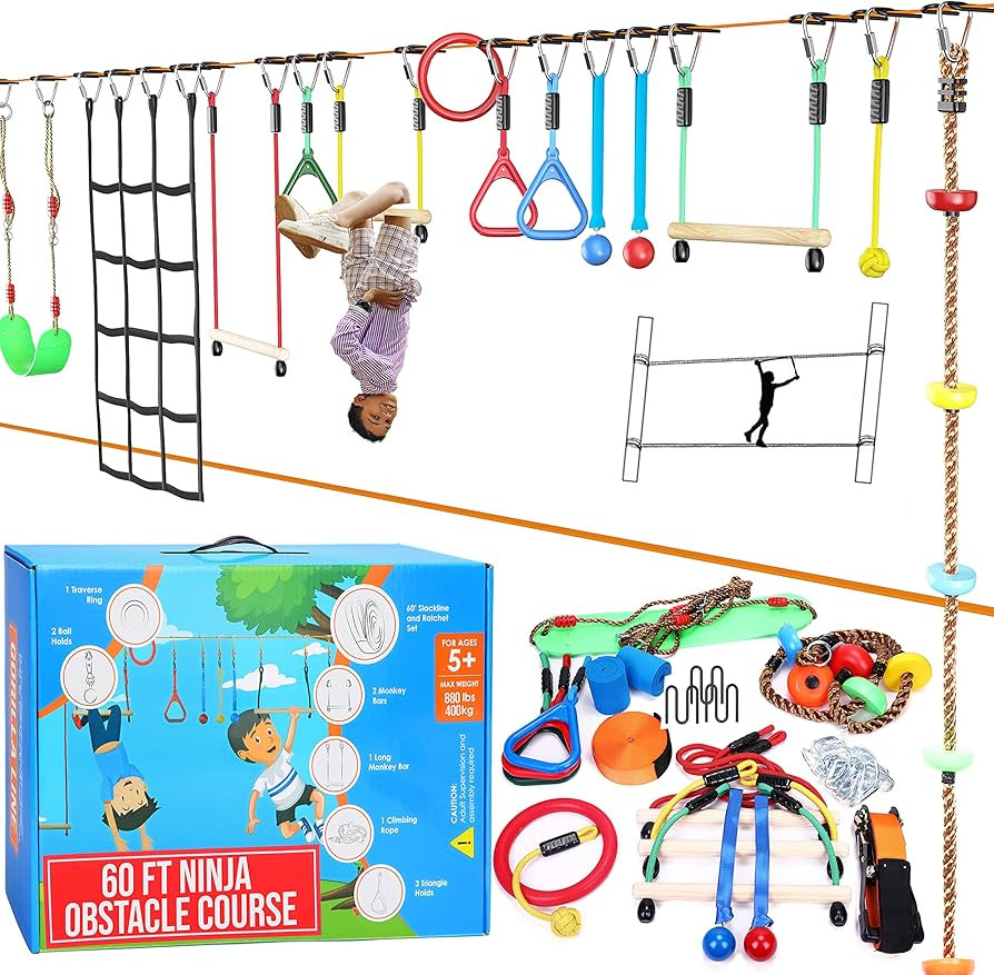 Ninja Warrior Obstacle Course for Kids, 2 x 60 ft Slackline Kit, Up to 880 Lbs, 10 Weatherproof O... | Amazon (US)