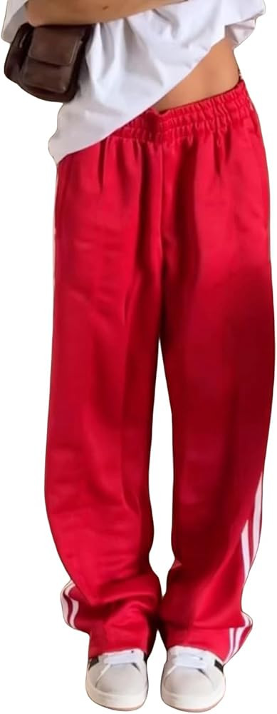 Women Side Striped Track Pants Y2k Drawstring Waist Wide Leg Cargo Sweatpants Casual Loose Jogger... | Amazon (US)