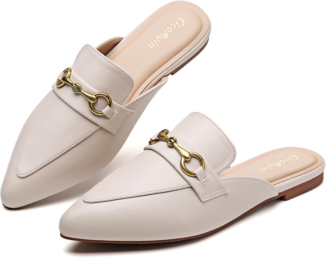 Buckle Mules for Women Pointed Toe Backless Flat Mules Slip on Slides Loafer Shoes | Amazon (US)