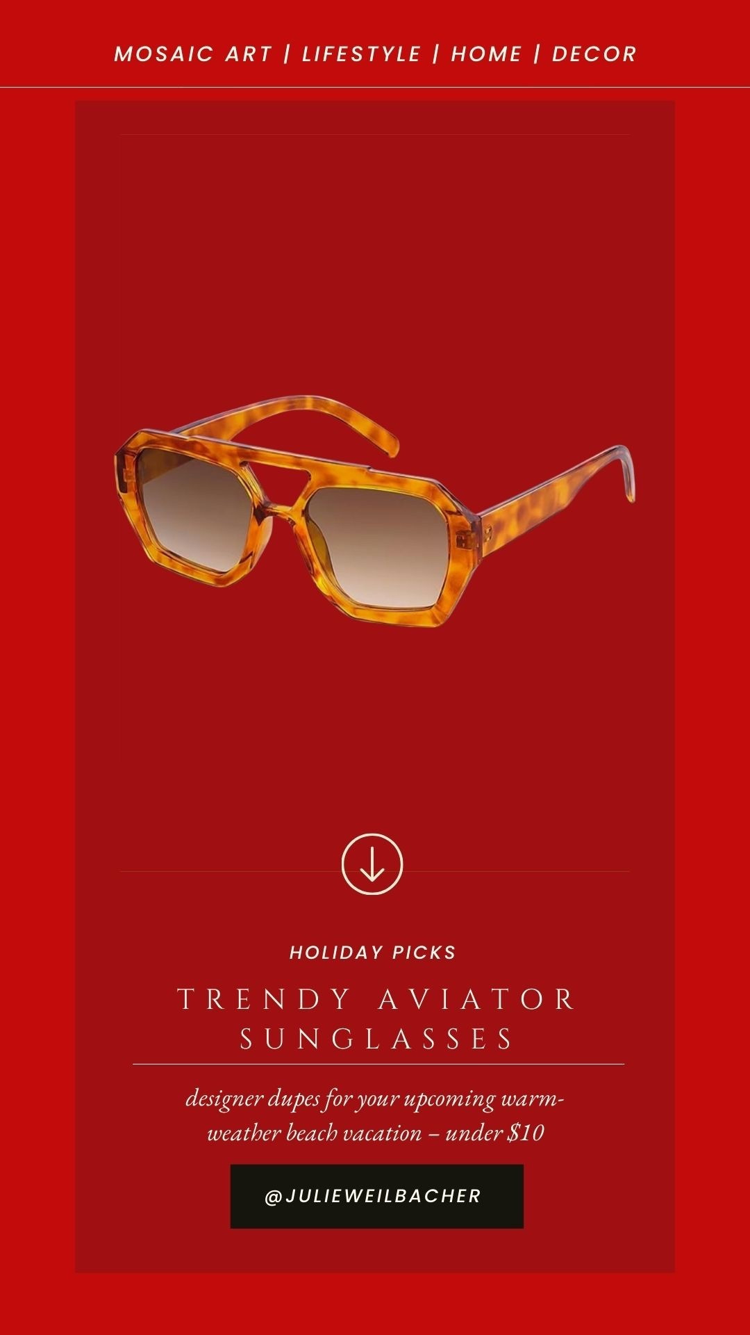 Getting ready for your upcoming warm-weather trip? These trendy designer aviator dupes are perfect for the beach, pool, and outdoor activities. They’re less than $10 which makes them even sweeter. 🕶️

#aviators #dupesunglasses #tortoiseshellsunglasses #sunnies #amazon #womenssunglasses #menssunglasses #shades #doublebridgesunglasses #hexagonalsunglasses

#LTKFindsUnder50 #LTKmomlife #LTKTravel