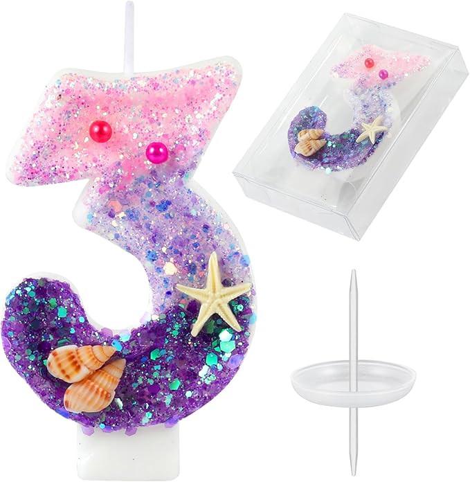Birthday Candles, Pink and Purple Number 3 Candles Decorated with Conchs Starfish and Pearls for ... | Amazon (US)