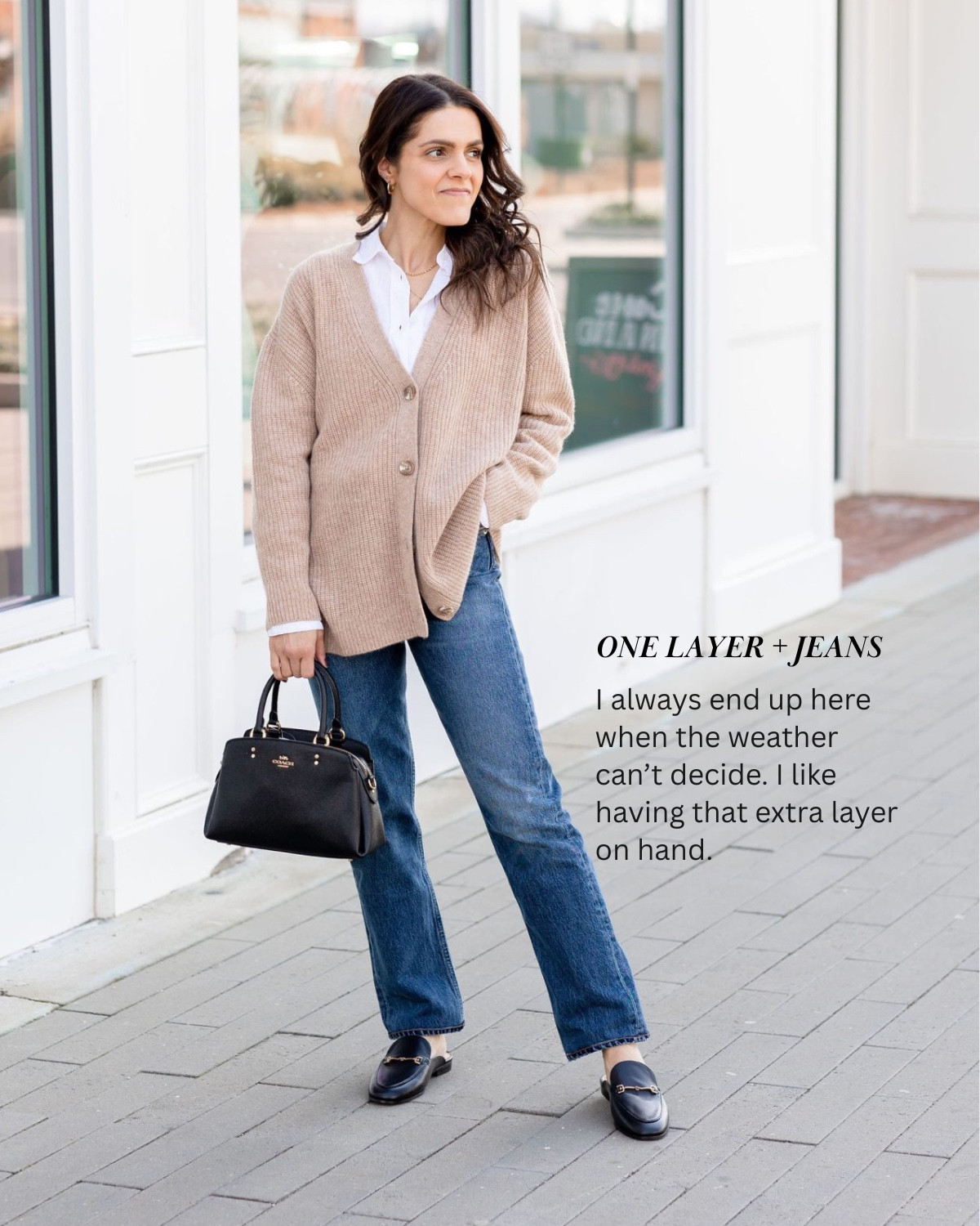 No fail Spring outfit formulas: 
One layer + jeans 

I always end up here when the weather can’t decide. I love having an extra layer on hand. Drape a sweater over your shoulders or layer up with a cardigan. Linked all my current favorites! 

#LTKootd #LTKSeasonal #LTKgrwm