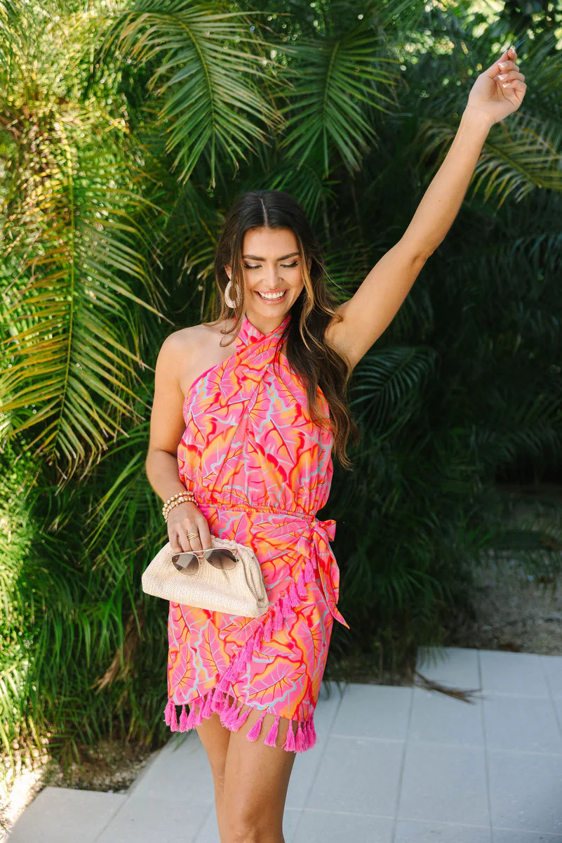 Turning Over A New Leaf in Colorful Couture Halter Mini Dress | Pink Lily