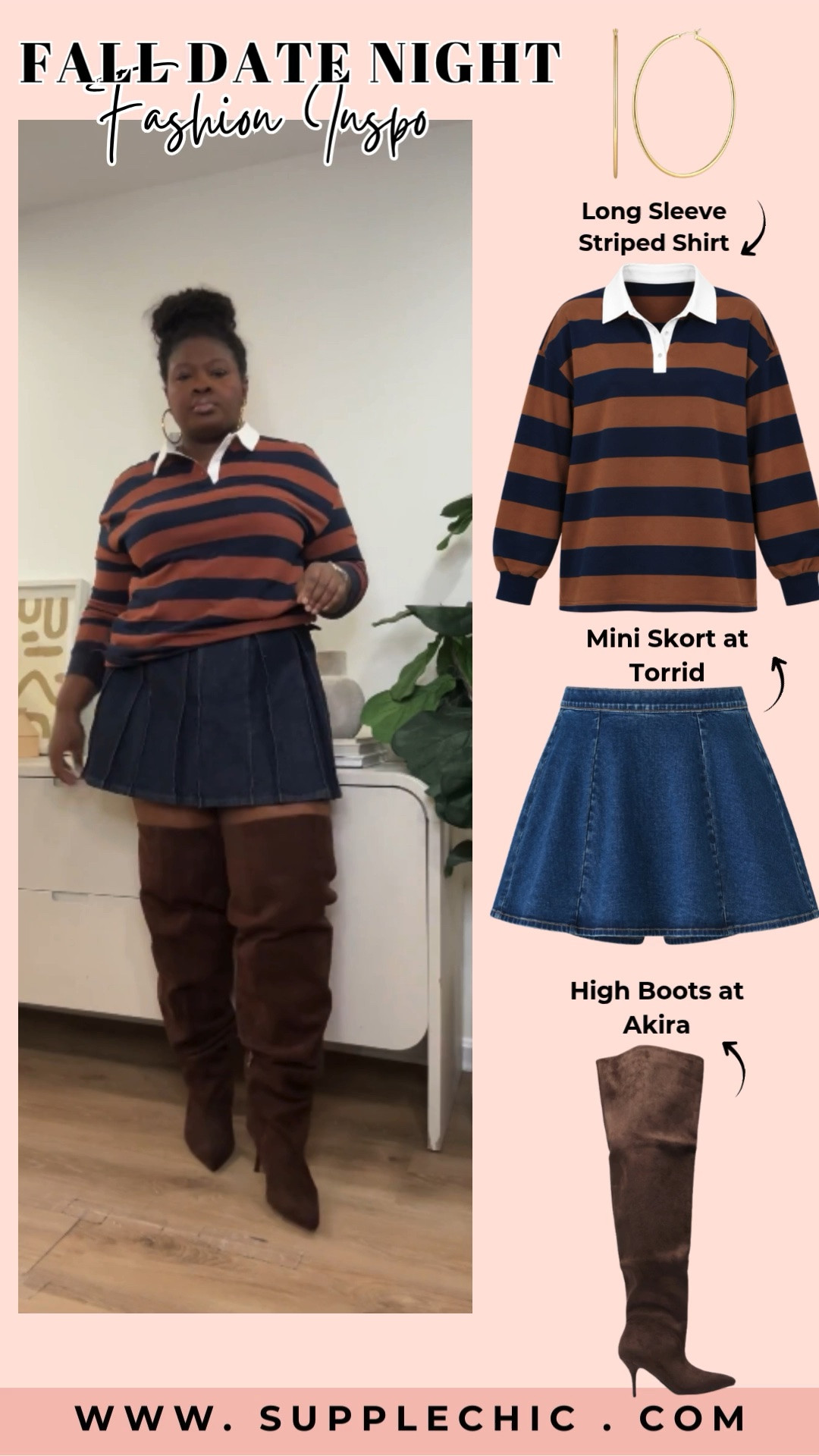 Fall style is all about finding combinations that feel good and reflect your personality. A relaxed striped top, structured denim mini skirt, and tall boots create a playful look with plenty of texture.  fall date night outfit, casual date night outfit ideas, plus-size fall fashion, striped polo outfit, long sleeve striped shirt, denim mini skirt outfit, brown knee-high boots outfit @amazon @Torrid