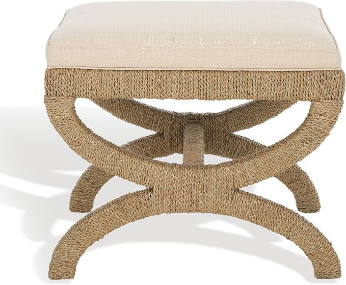 SAFAVIEH Couture Collection Aikan Coastal Natural/Beige Woven Seagrass Solid Wood Ottoman Foot St... | Amazon (US)