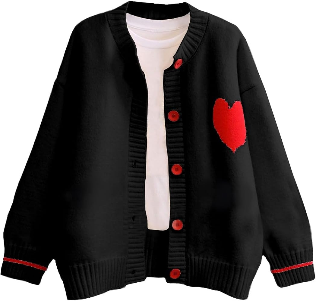 FindThy Women's Cute Cardigan Sweater Kawaii Love Heart Print Y2K Button Knitted Outerwear | Amazon (US)