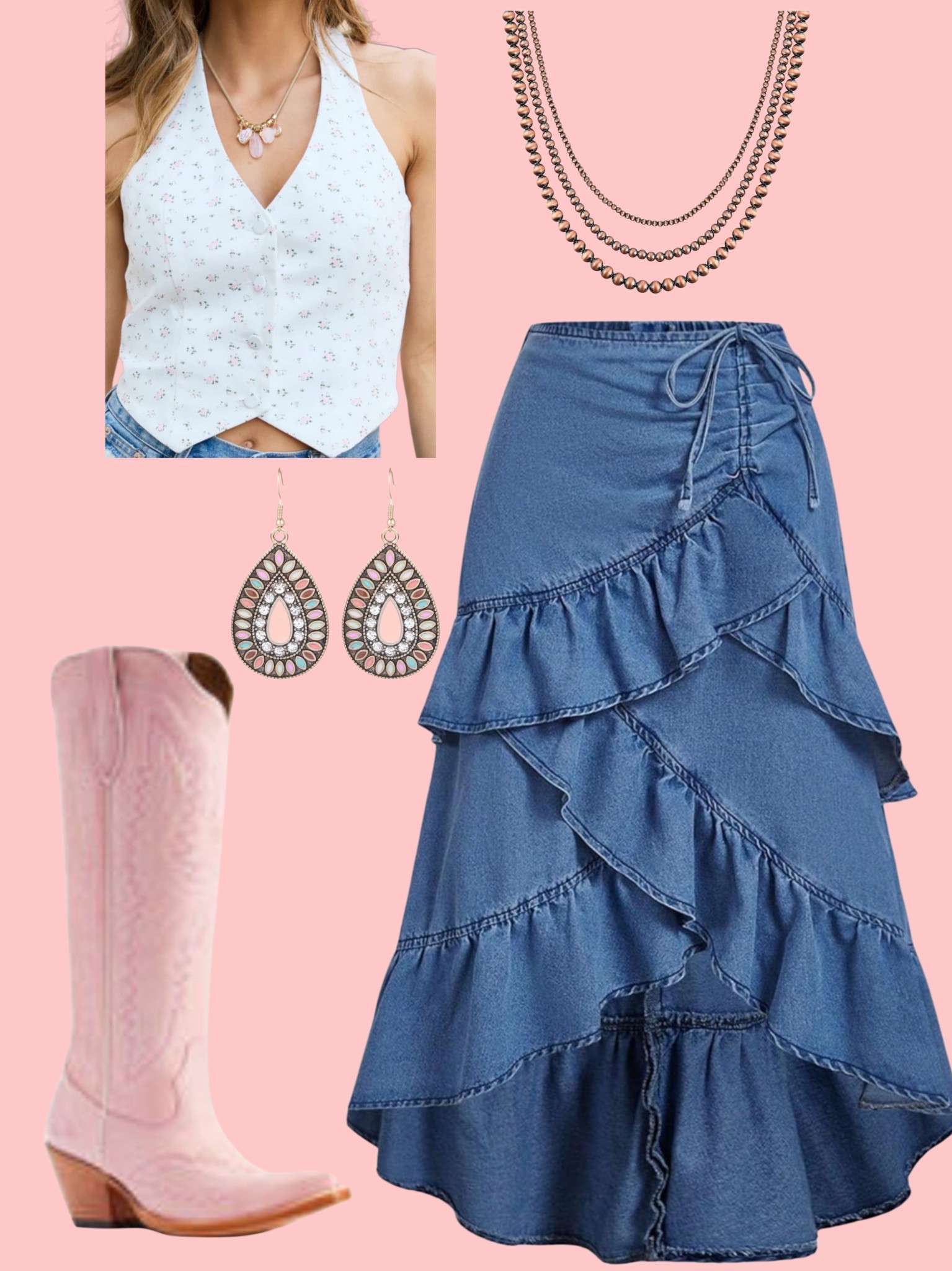 Pink boots outfit inspo! Paired with denim skirt and halter white/pink floral vest! Code LORI to save on vest 

#LTKootd #LTKSeasonal #LTKFestival