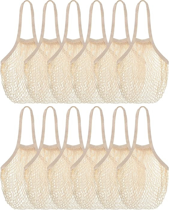 Eccliy 12Pcs Reusable Cotton Mesh Grocery Bag with Handle, Beige, 10 in | Amazon (US)