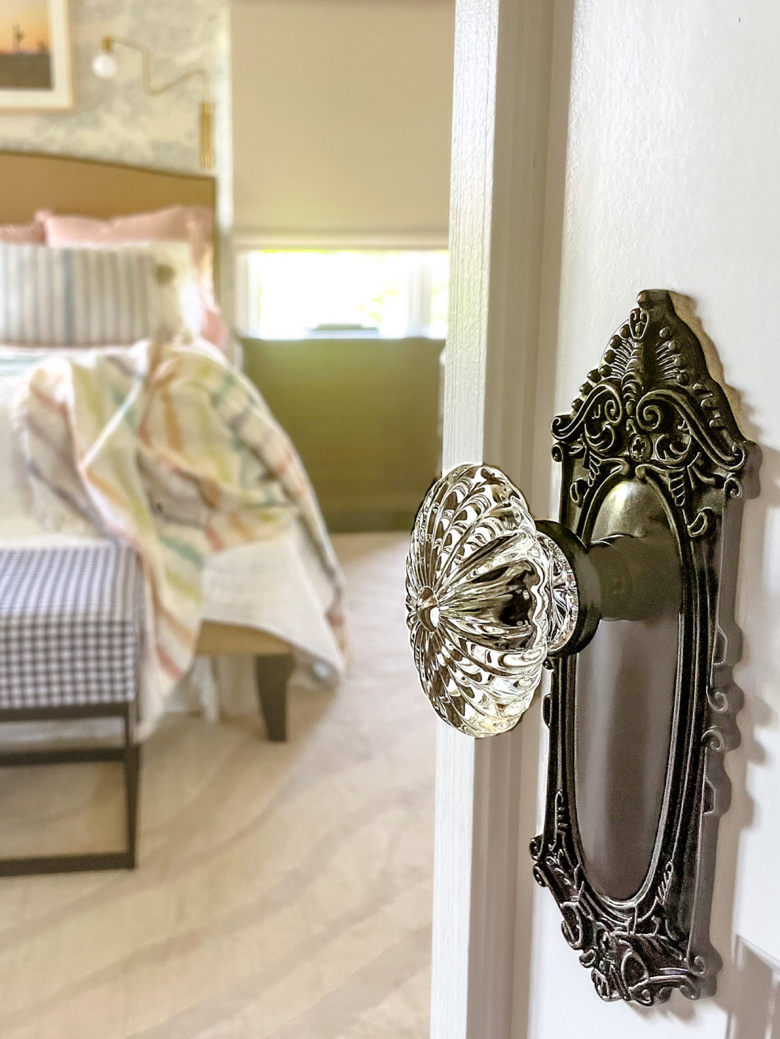 These glass doorknobs add the perfect amount of class to this primary bedroom entrance.  Door hardware is not to be underestimated

#LTKhome #LTKFind #LTKGiftGuide