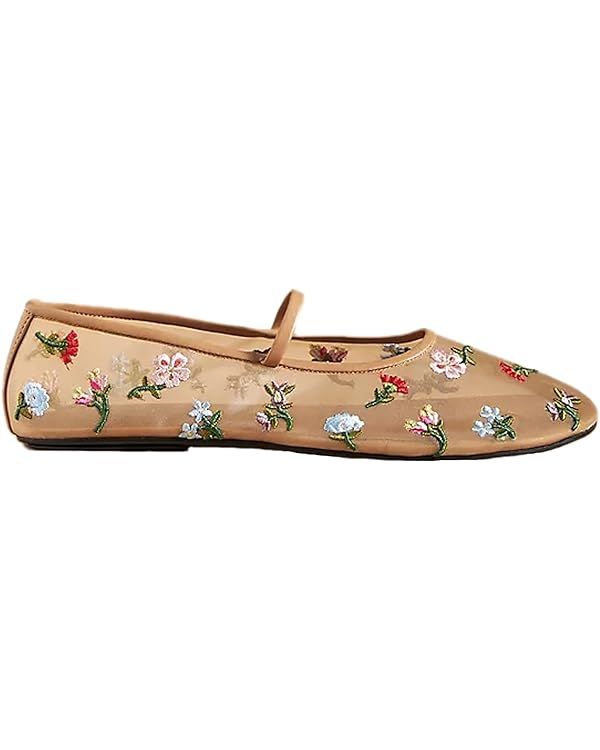 Nude Mesh Ballet Flats for Women Embroidered Floral Round Toe Mary Jane Flats Casual Comfortable ... | Amazon (US)