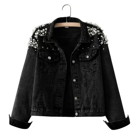 Vedolay Jackets Women s Casual Denim Jacket with Fringe Rhinestones Denim Jean Jacket Black S | Walmart (US)