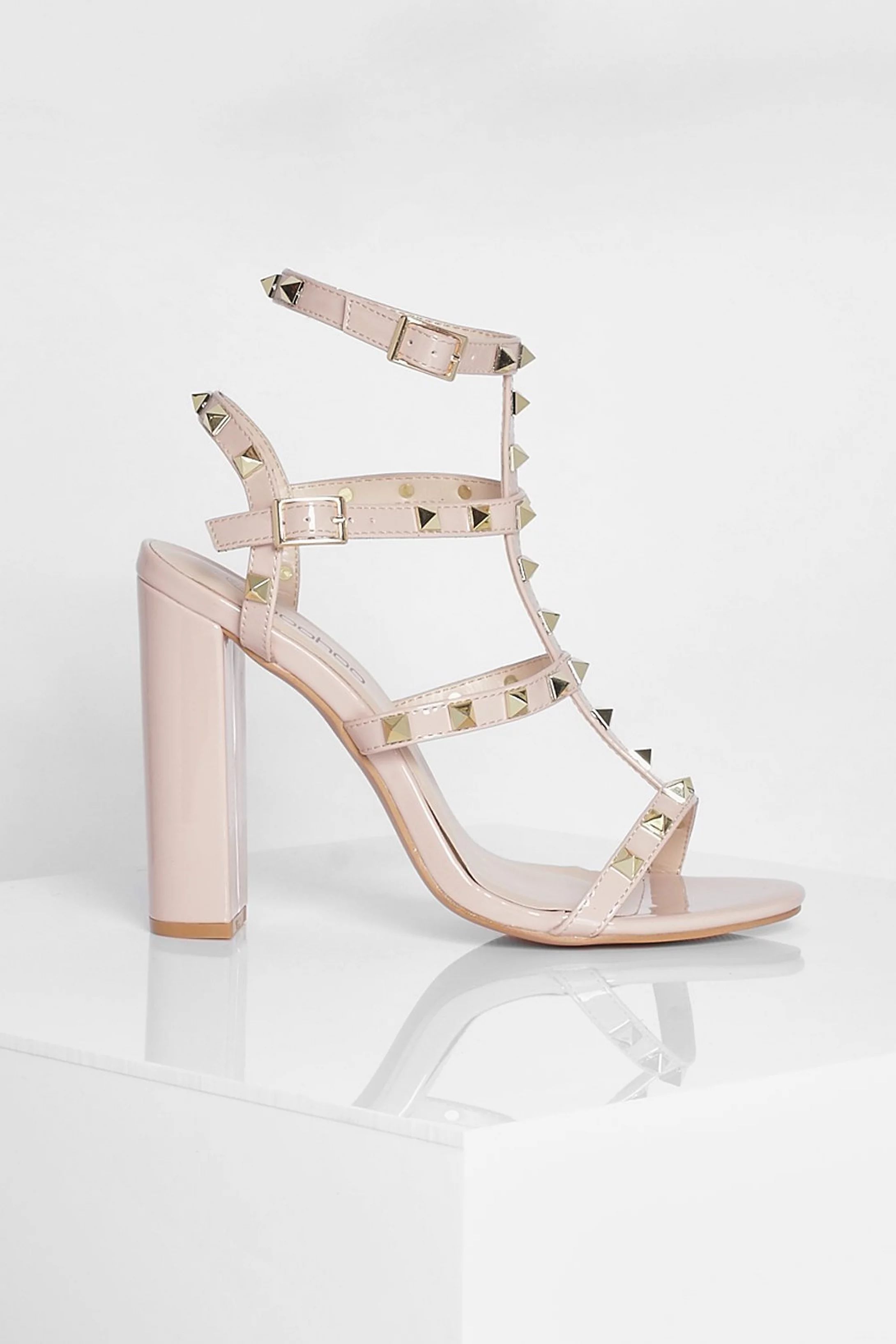 Patent Studded Block Heel Sandal | Boohoo.com (US & CA)