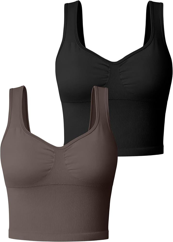 OQQ Women' 2 Piece Tank Tops Seamless Workout Exercise Shirts Padded Sports Bra Yoga Crop Tops | Amazon (US)