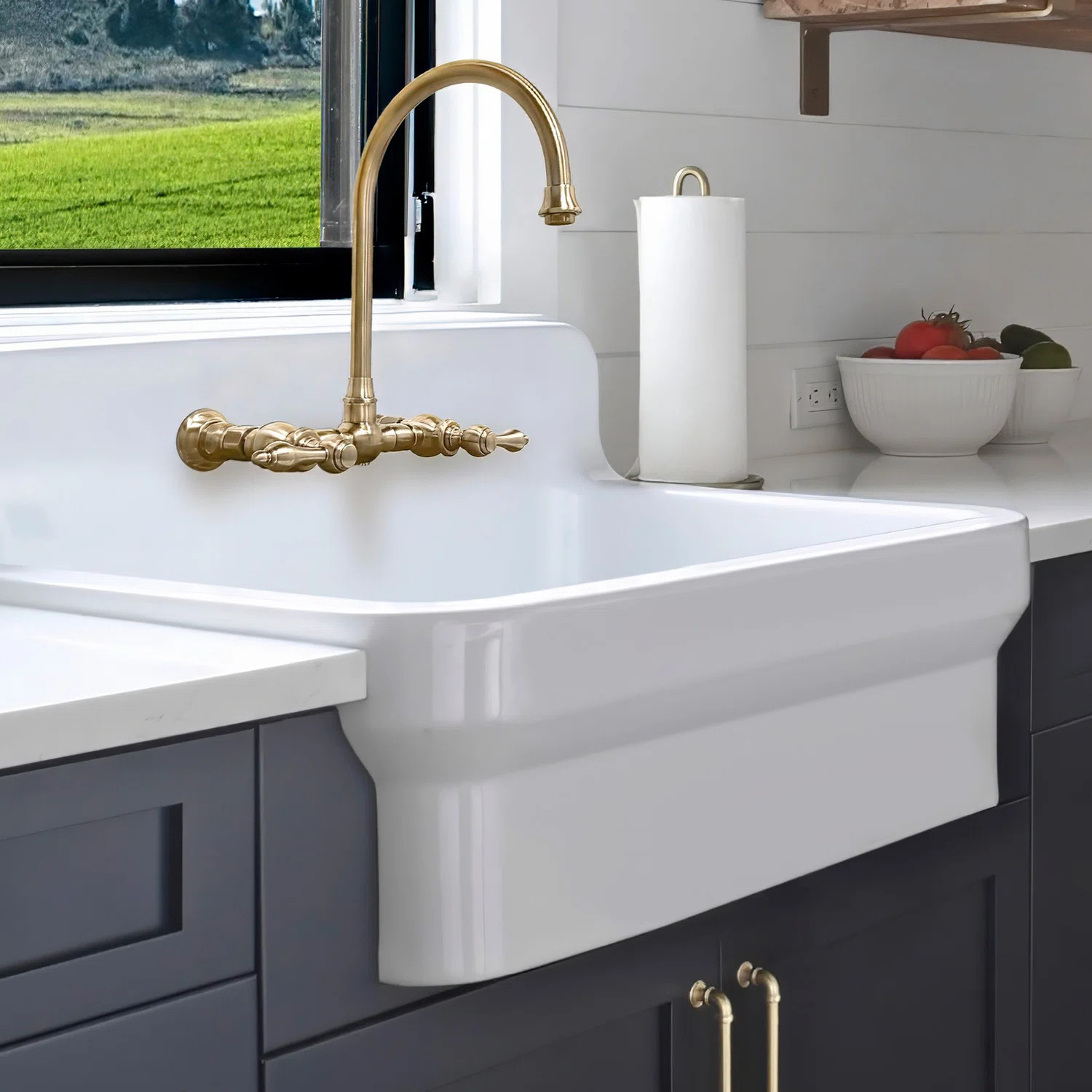 Whitehaus 30" Single Bowl Fireclay Kitchen or Utility Front Apron Sink with High Back Splash & Fa... | Wayfair North America