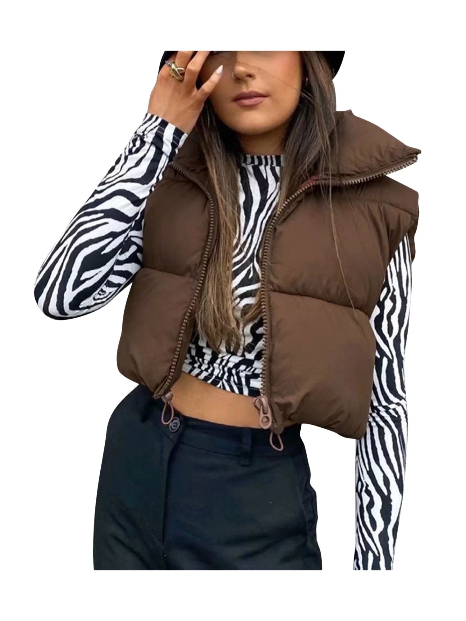 wsevypo Women Y2K Winter Crop Puffer Vest Warm Lightweight Sleeveless Down Jacket Full-Zip Stand ... | Walmart (US)
