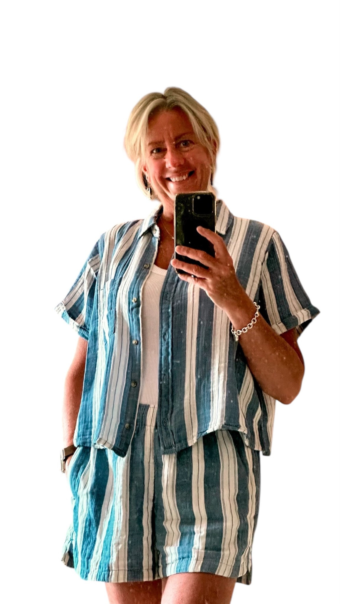 Summer has arrived !
This relaxed fit cotton/ linen short set is perfect for warm summer days .   
Wear it together or as separates - either way you will look fabulous !   
The shorts have deep side pockets and elastic waist band . Super soft and comfy .  The button down shirt can be worn open ( as above )  or on its on buttoned up !  
Great to wear to beach  or over a bathing suit !    The stripes give it a nautical vibe .  
On sale now @oldnavy!  Price cannot be beat!  

Short and top set @oldnavy

#shortset
#stripes
#cottonblend
#summer
#beachyvibe
#nauticalvibe
#sosoft
#relaxedfit
#fashionablesixties


#LTKsummer #LTKsale #LTKcanada