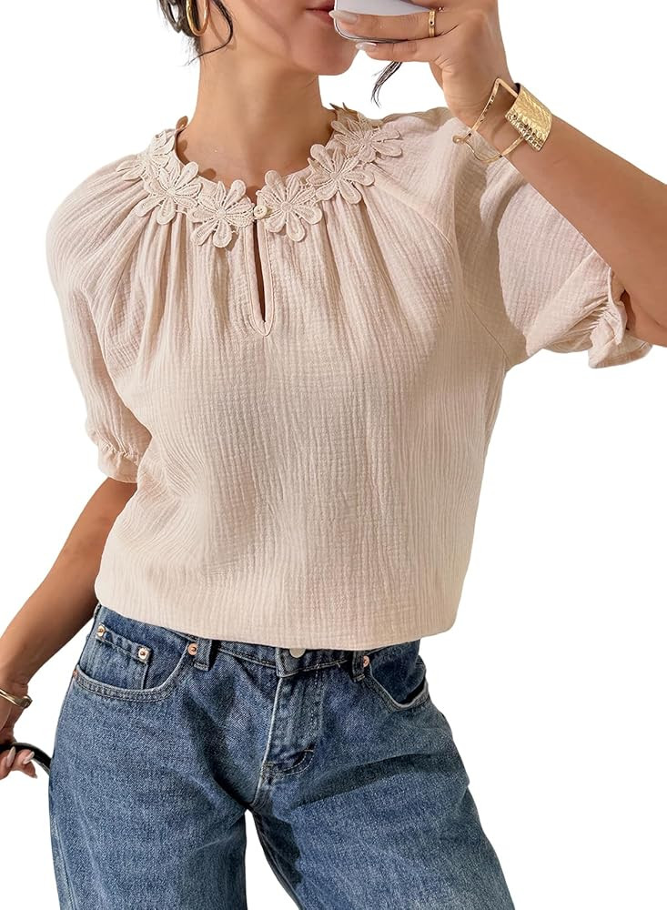 Dokotoo Blouses for Women Dressy Casual Puff Short Sleeve Shirts Lace Crewneck Solid Floral Embro... | Amazon (US)