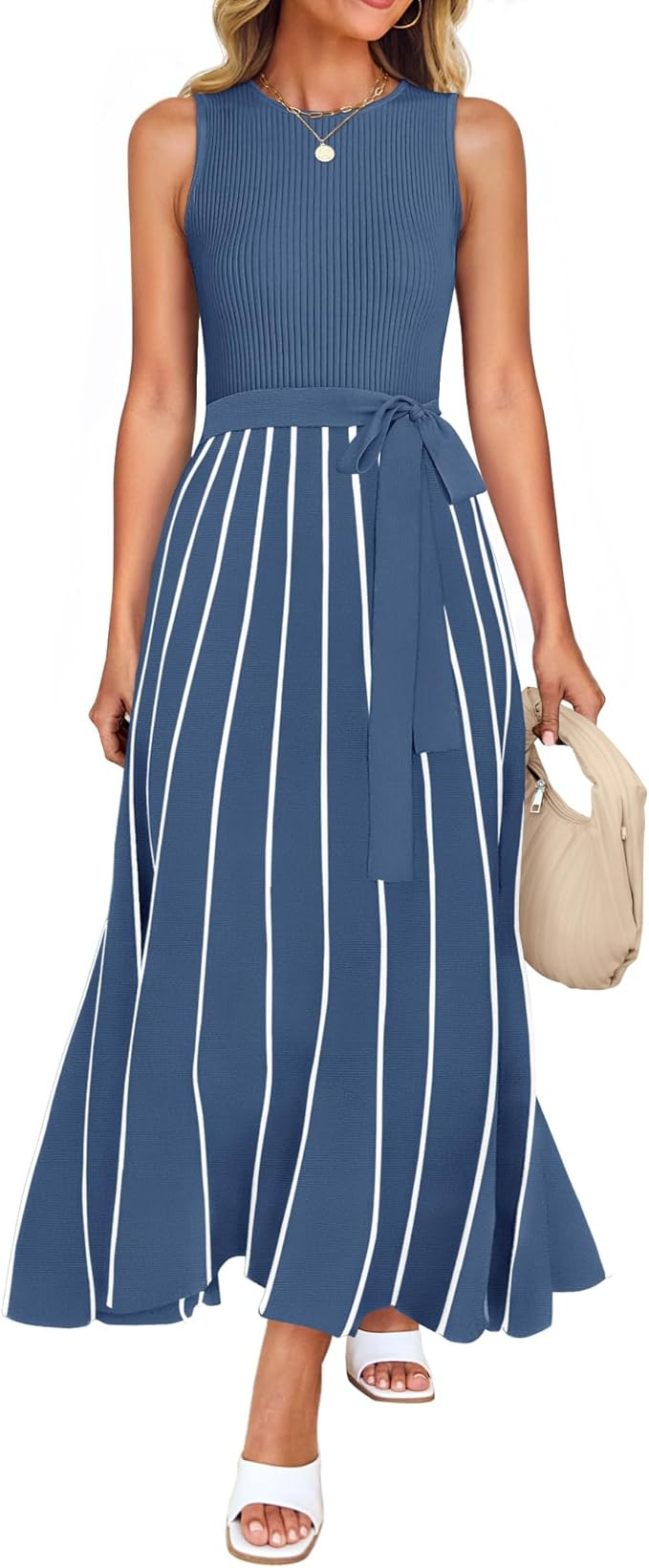 ZESICA Women's Summer Sleeveless Midi Dress 2025 Crewneck Ribbed Knit Tie Waist Casual A Line Swi... | Amazon (US)