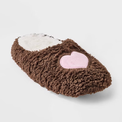 Women's Embroidered Heart Valentine's Day Faux Shearling Slide Slippers - Wild Fable™ Pink/Brow... | Target
