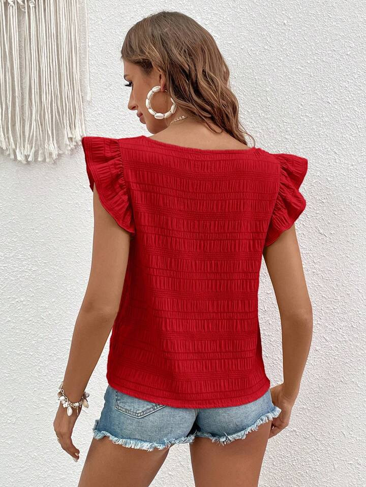 SHEIN VCAY Solid Ruffle Trim Bubble Texture Blouse Summer Women Beach Square Neck Summer Red Top | SHEIN