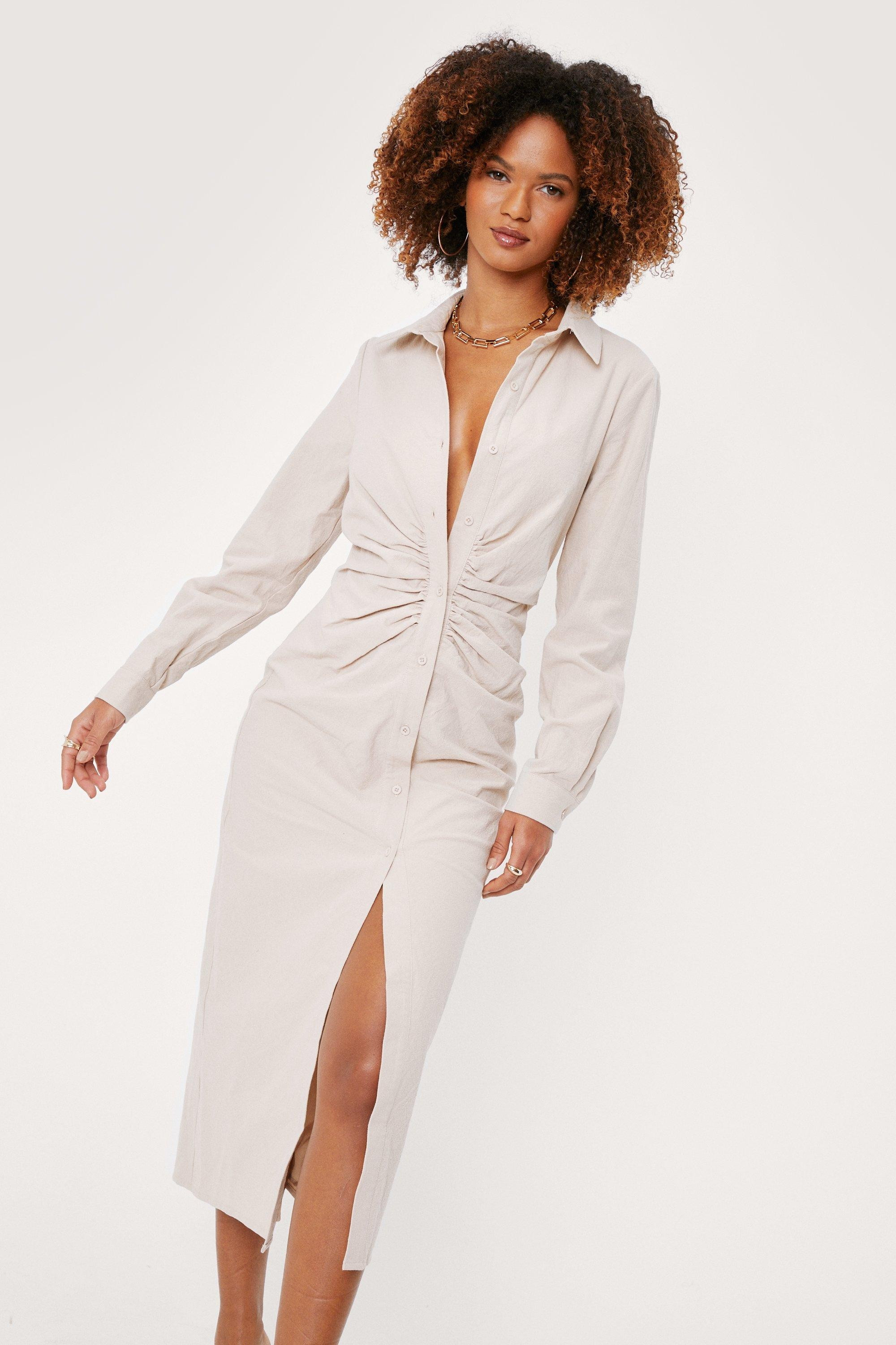 Linen Look Ruched Midi Shirt Dress | Nasty Gal (US)