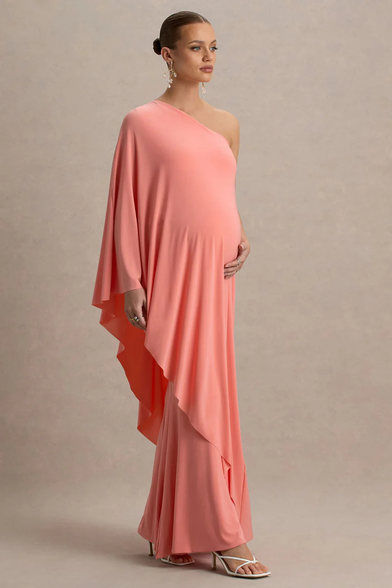 Waves  Coral Asymmetric Maternity Maxi Dress With One-Sleeve Cape | Club L London